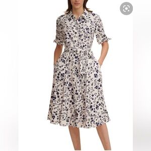 Calvin Klein, mid-length, 1/4 sleeve, button-down, floral pattern dress with tie